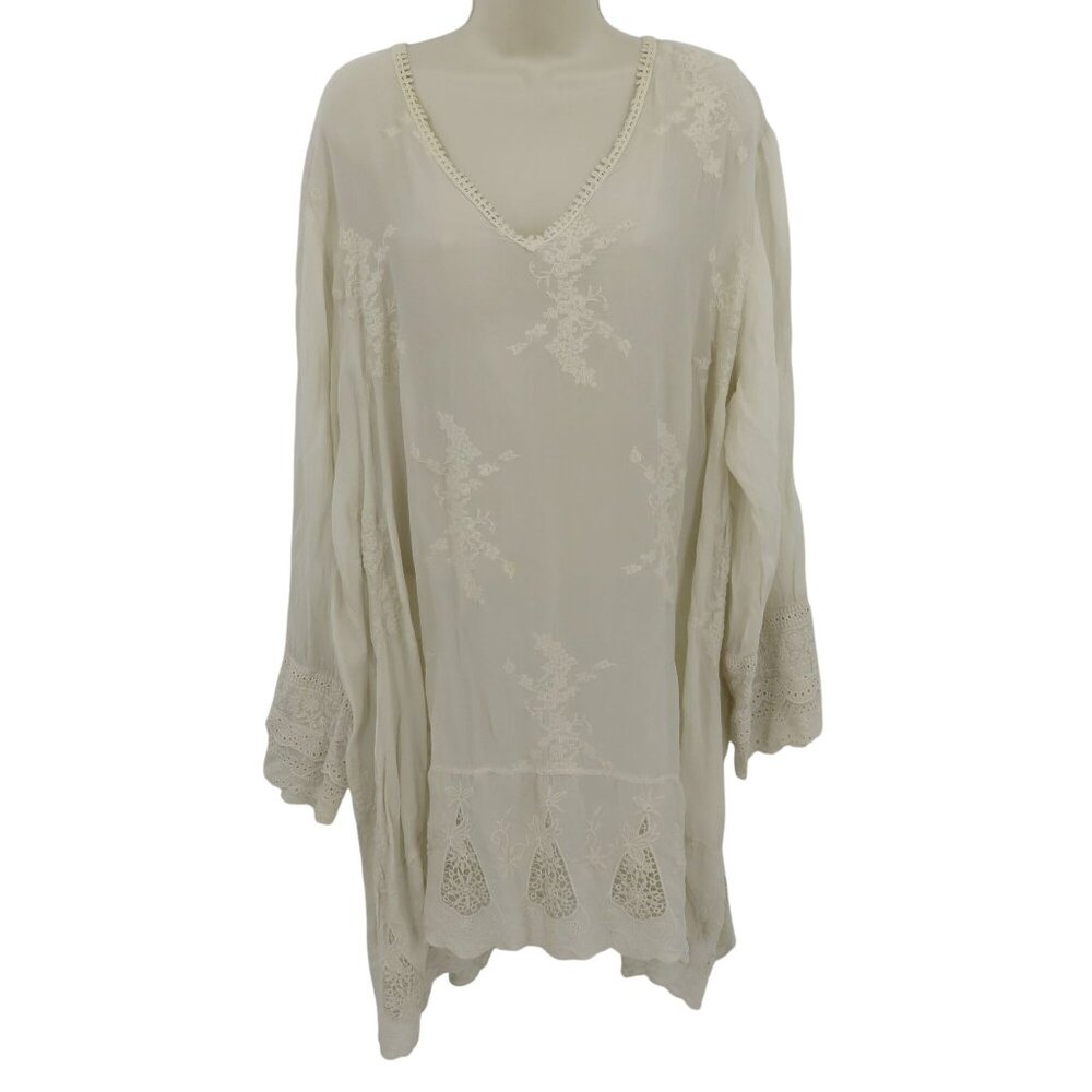 Johnny Was Women Plus Size 1X Ivory Embroidered V Neck Tunic Shirt Top Eyelet